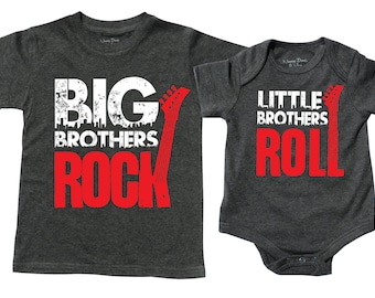 Big Brother Little Brother - Gift Set, Rock And Roll Sibling Shirts. Gray