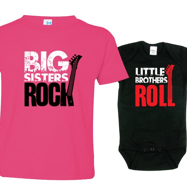 Big Sister Little Brother Shirts - Rock And Roll Gift Set, Pink Black Sibling Clothes