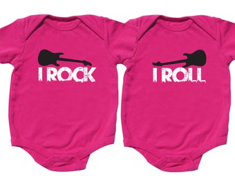Rock And Roll - Baby Girl Twins Shower Gift Set. Pink Bodysuits