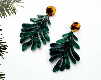 Green Leaf Earrings, Tortoise shell leaf earrings, Statement Earrings, acrylic leaf earrings