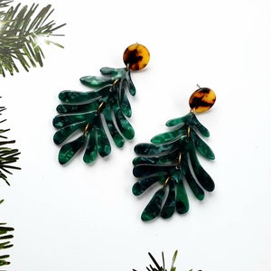 Green Leaf Earrings, Tortoise shell leaf earrings, Statement Earrings, acrylic leaf earrings