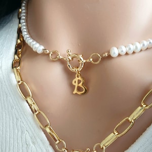 Colar de pérolas de água doce com pingente de letra inicial dourada, Presentes personalizados para ela, Colar de pérolas verdadeiras, Joias personalizadas