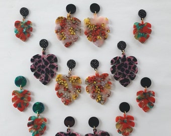 Monstera earrings, Acrylic earrings,resin stud earrings, acetate earrings, plant earrings