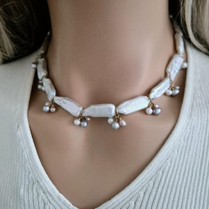Unique Biwa Stick Pearl Necklace, Chunky One of a Kind Statement Jewelry with Freshwater Pearls, Aesthetic, Colorful, Vintage Gift for Mom