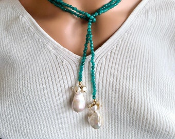 Collana Lariat con perline con pendente di perle barocche, Collana con perline lunghe Lariat con pietre preziose, Collana a doppio avvolgimento, Collana a Y, regalo unico