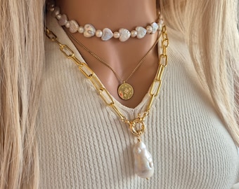 Pearl Heart Necklace with Cultured Pearls, Chunky Necklace with Heart Shaped Pearls, Unique Gift for Her, Trendy Luxe Jewelry for Women
