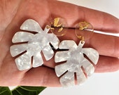 Monstera leaf earrings, Plant earrings, Monstera jewelry, White leaf earrings