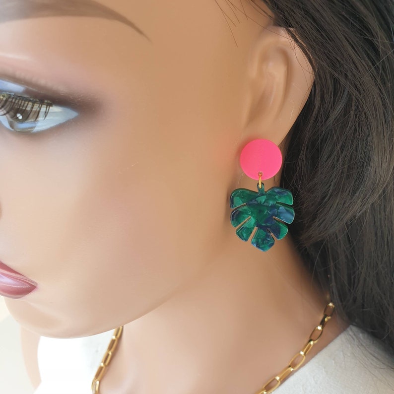 Monstera leaf earrings, resin stud earrings, monstera jewelry,acrylic monstera earrings, plant earrings, acetate earrings image 10