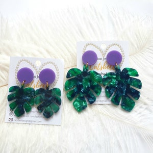 Monstera leaf earrings, resin stud earrings, monstera jewelry,acrylic monstera earrings, plant earrings, acetate earrings Purple