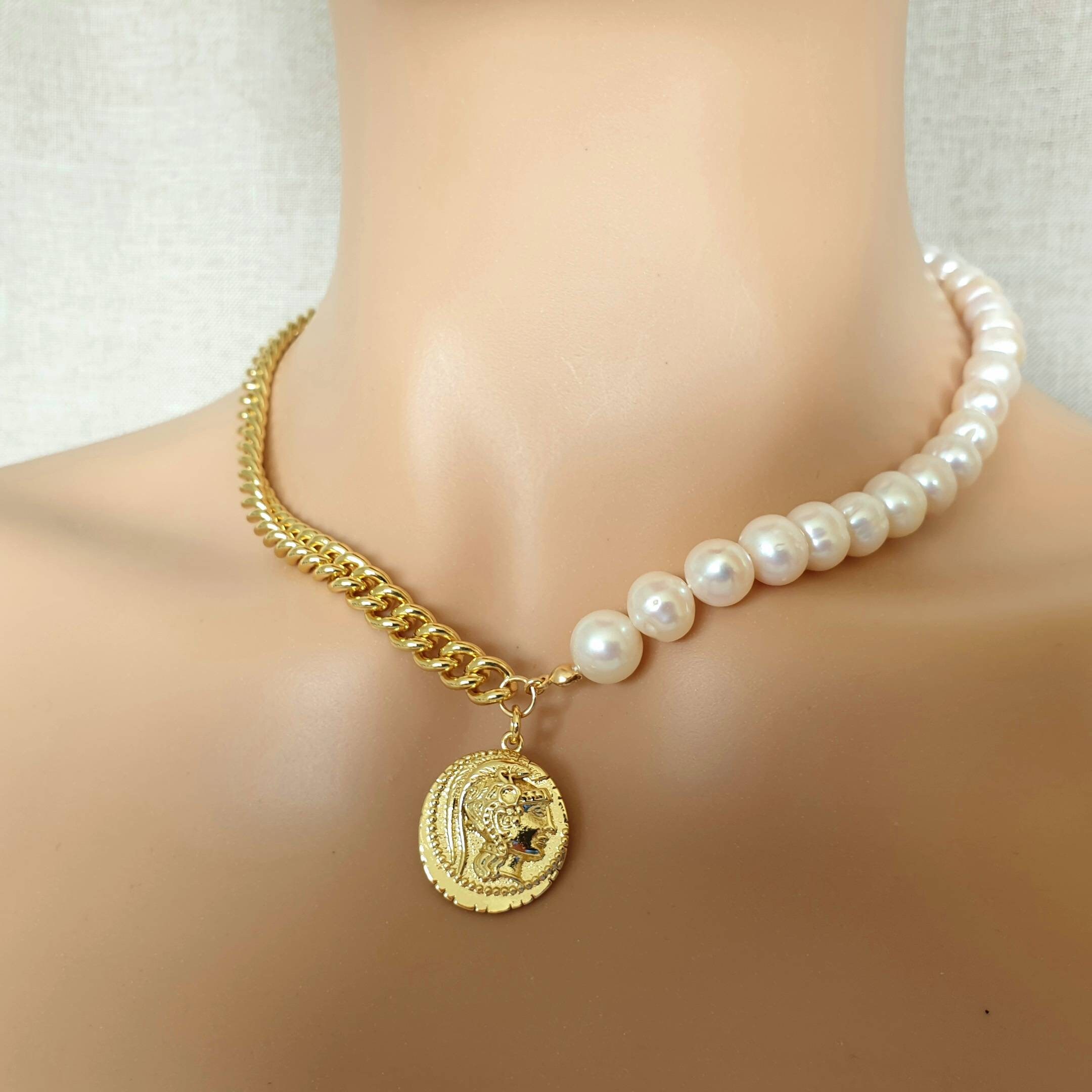Half pearl half chain necklace Pearl chain necklace Curb Etsy