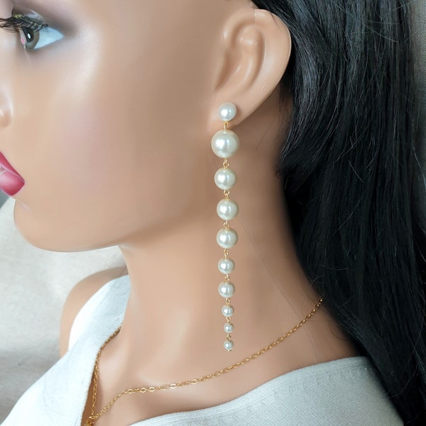 Extra Long Pearl Drop Earrings, Shoulder Duster Earrings for women, Big Pearl Earrings, Pearl Jewelry, Long Dangle Earrings, Gifts for Her