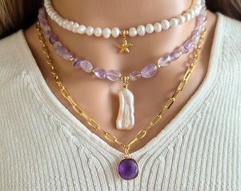 Multistrand Necklace with Amethyst Beads, Large pearl pendant, Gemstone Charm, Gold Filled Chain and Freshwater Pearls, Statement Necklace