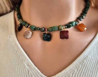 Multi Gemstone Necklace for Women, Multi Charm Necklace with Indian Agate Beads, Aesthetic Necklace, Moss Green Agate Necklace, Gift for Her