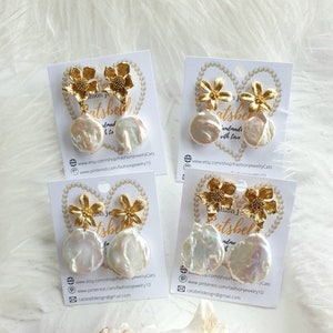Flower Pearl Drop Earrings, Freshwater Pearl Floral Earrings, Handmade Flower Earrings for women, Christmas gift for her