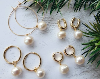 Pearl hoop earrings, Baroque pearl earrings