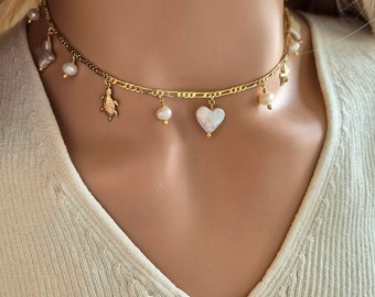 Multi Charm Necklace with Beach Charms, Freshwater Pearls, Pearl Heart Charm & Delicate Gold Chain, Gold Pearl Choker, Unique gift for Her