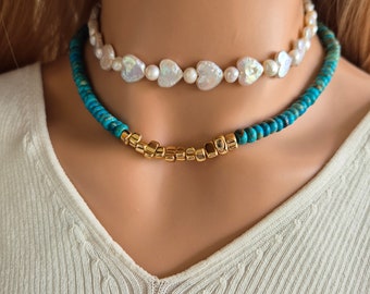 Turquoise Beaded Choker Necklace With Turquoise Beads & Gold Beads