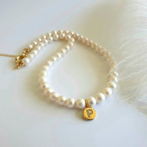 Freshwater pearl necklace with initial pendant, real pearl necklace with initial charm, pearl initial necklace for women