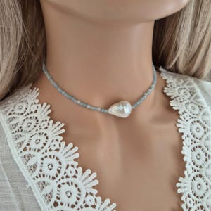 Dainty Aquamarine and Pearl Necklace. Aquamarine Choker with Freshwater Pearl, March Birthstone Jewelry, Birthday Gift for Her