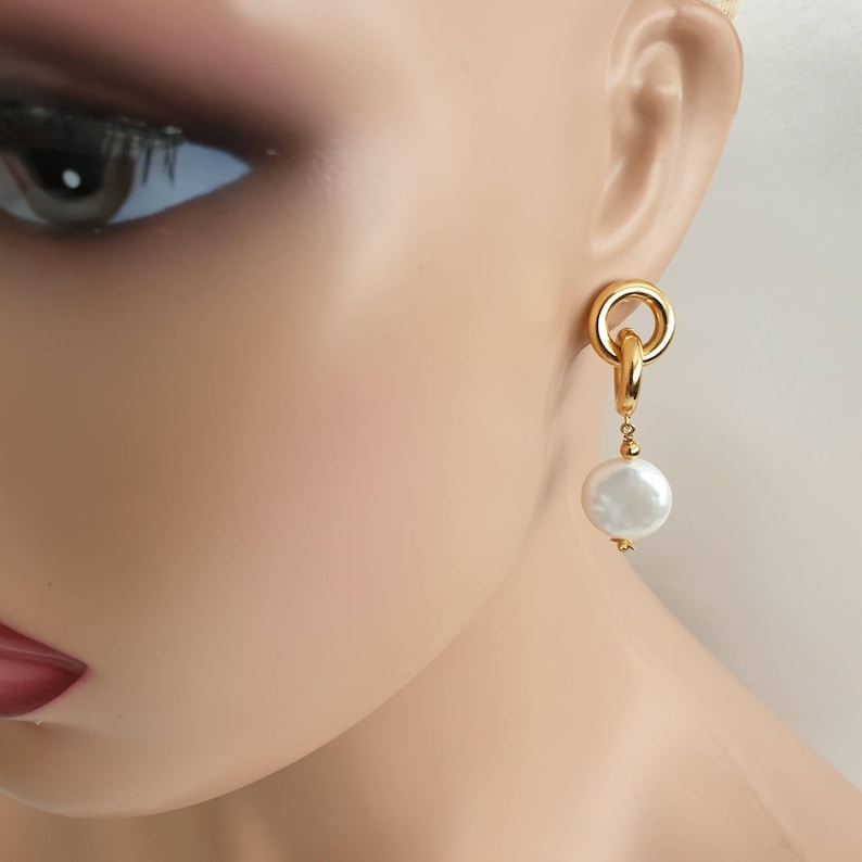 Coin pearl earrings, Baroque pearl jewelry, Link chain earrings, Real pearl earrings image 3