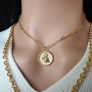 Gold coin necklace, Cherub necklace, Medallion necklace with cherub pendant, Mothers day gifts, Chunky chain choker