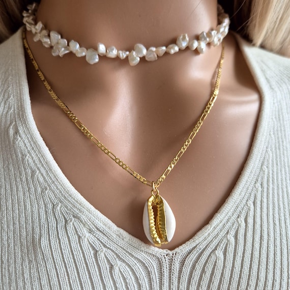 18k Gold Chain Necklace Gold Cowrie Shell Necklace Golden Shell