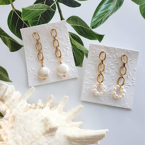 Baroque coin pearl earrings, Freshwater Pearl jewelry, Link chain earrings, Long bridal earrings, Real pearl earrings