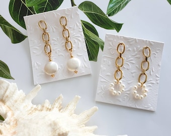 Baroque coin pearl earrings, Freshwater Pearl jewelry, Link chain earrings, Long bridal earrings, Real pearl earrings