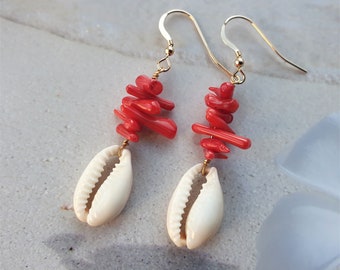 Red Coral earrings, cowrie shell earrings with red coral chips, beach jewelry, beachlover gift