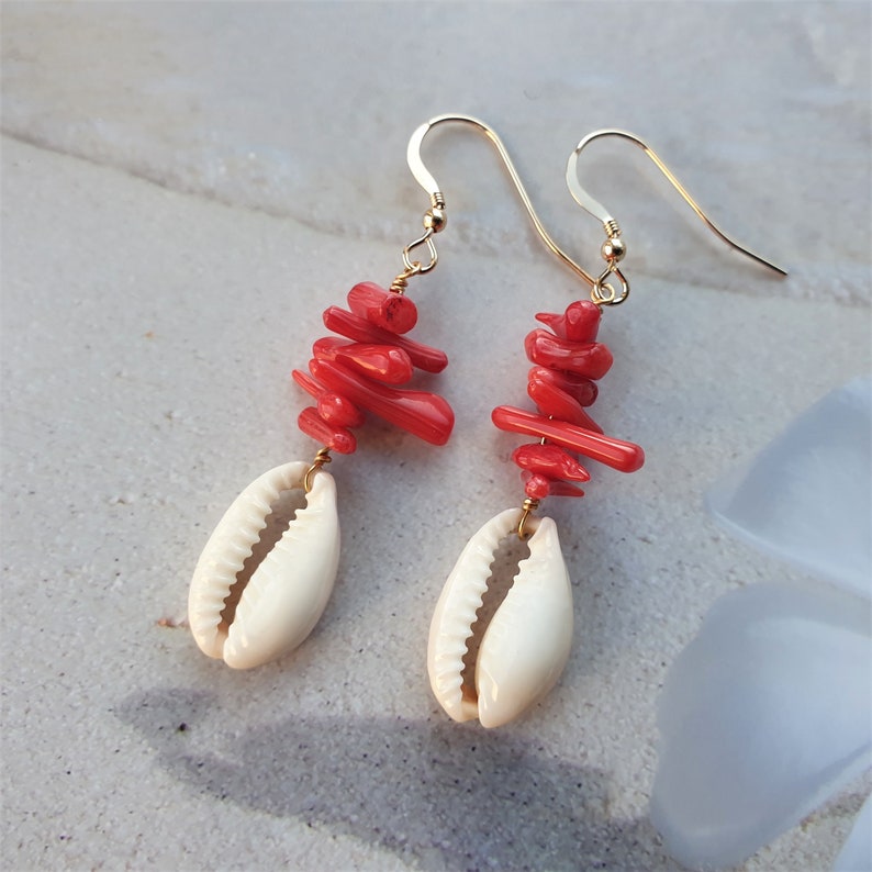 Red Coral earrings, cowrie shell earrings with red coral chips, beach jewelry, beachlover gift