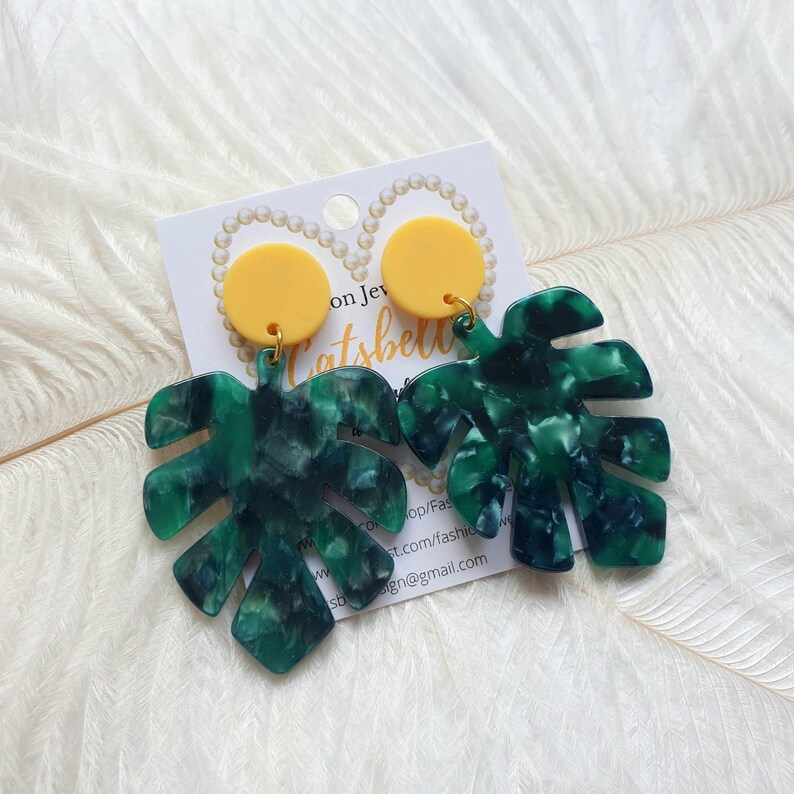 Monstera leaf earrings, resin stud earrings, monstera jewelry,acrylic monstera earrings, plant earrings, acetate earrings Yellow