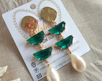 Emerald Green Crystal Drop Earrings, Emerald Earrings, Pearl Art Deco Earrings Gift for Women, Christmas Gift Ideas for Her, Crystal Jewelry