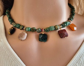 Moss Green Agate Necklace with Gemstone Beads, Chunky Multi Charm Necklace with Indian Agate Beads, Aesthetic Necklace, Handmade Jewelry