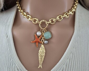 Make Your Own Custom Charm, Carabiner Clasp, Chunky Chain Paperclip Necklace - Gold Fish Charm Marine Jewelry, Personalized Gift for Mom