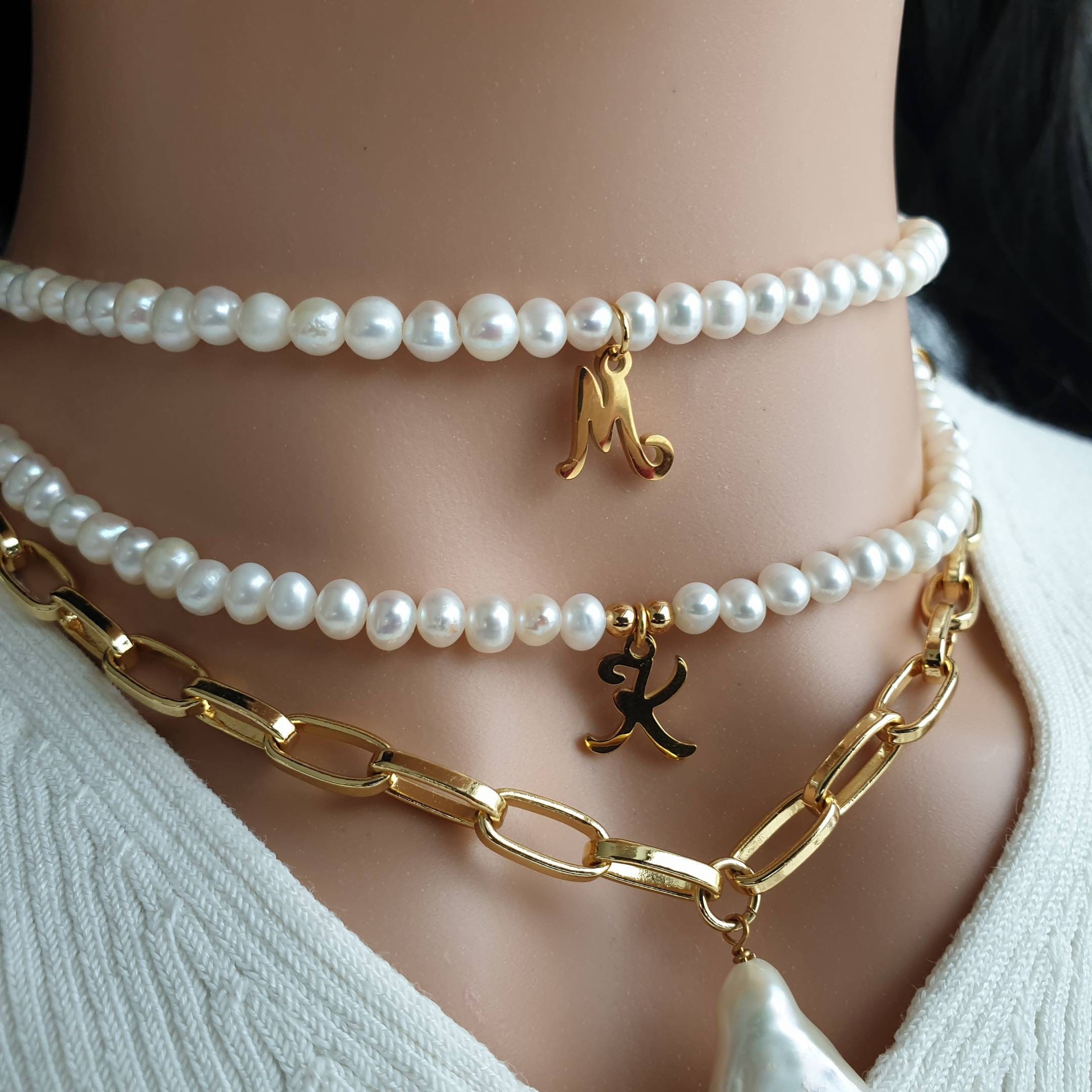 Pearl choker initial necklace discount