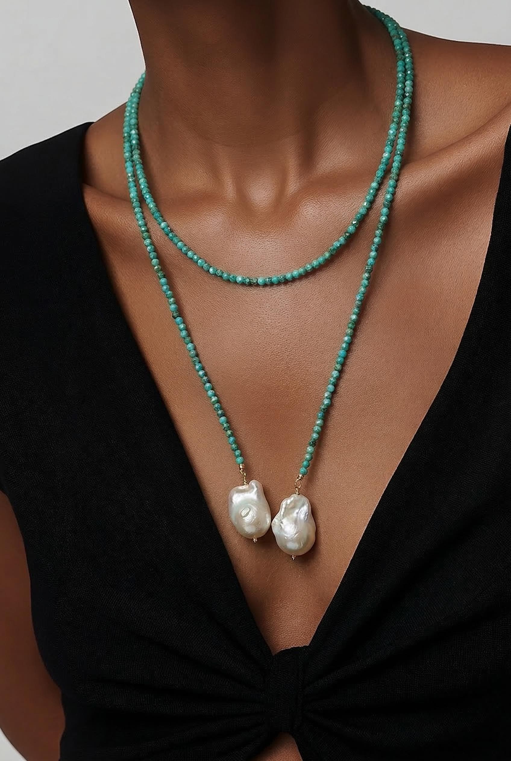 Turquoise Green Beaded Lariat Y Necklace With Baroque Pearl Drops