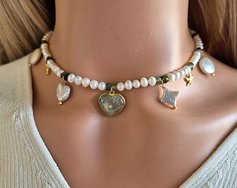 Aesthetic necklace, Freshwater Pearl Necklace with Prehnite Pendant and 18K Gold Filled Beach Charms, Multi Charm Necklace, Beach Jewelry