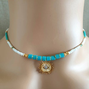 Evil eye choker, Seed bead choker, surfer necklace, Beach choker