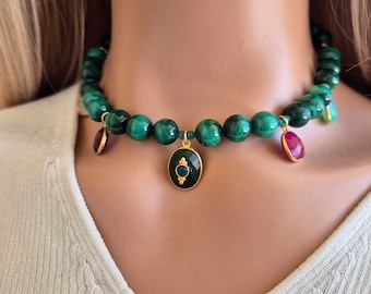 Natural Malachite Beaded Necklace for Women, Multi Stone Necklace, Multicolor Necklace with Gemstone Pendant & Colorful charms, Gift for Her