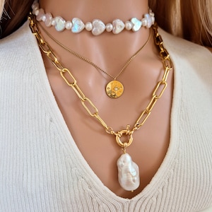 Paperclip Chain Necklace for Women with Large Baroque Pearl Pendant, Oval Link Necklace, Gift for Girlfriend, chunky gold chain necklace