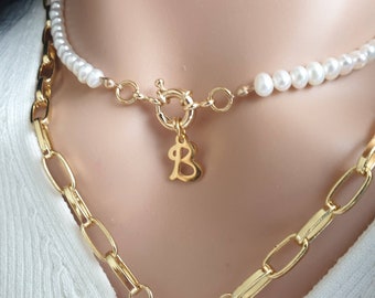 Pearl Initial Necklace for Women, Personalized Gold Letter Pearl Necklace Charm, Custom Initial Pearl Necklace, Christmas Gift for Her