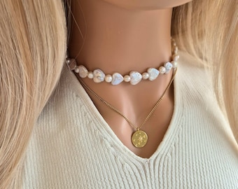Pearl Heart Necklace with Cultured Pearls, Chunky Necklace with Heart Shaped Pearls, Unique Gift for Women, Modern Pearl Jewelry