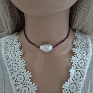 Elegant Red Garnet & Baroque Pearl Choker Necklace - January Birthstone Jewelry Gift for Women