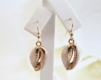 Cowrie shell earrings, Seashell earrings, Gold shell earrings, Sea shell earrings, 14K gold earrings