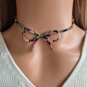 Bow Necklace with Gemstone Beads, Bow Tie Necklace, Bow Bead Necklace for Women, Coquette Jewelry, Bow Choker, Unique Gift for Her