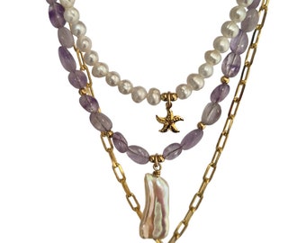 Grossa collana di ametista multifilo con pendente in pietra preziosa, perle d'acqua dolce naturali e catena riempita d'oro, collana di dichiarazione, regalo unico