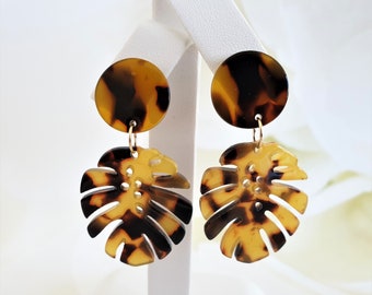 Tortoise shell earrings, Monstera Leaf earrings, acrylic earrings