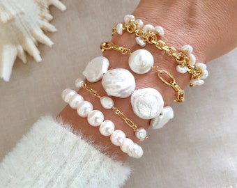 24k Gold Bracelet for Women with Keishi Pearls, Christmas Gifts for Her, Gold Filled Chain Bracelet with Freshwater Pearls