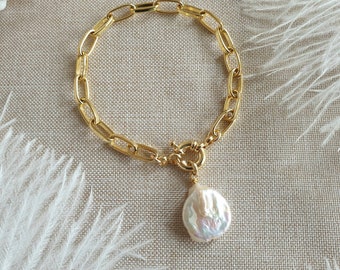 Baroque Pearl Bracelet for Women, Big Pearl Bracelet for Mom, Christmas Gifts for Mom, Large Link Bracelet with Baroque Pearl Pendant