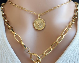 Guardian angel necklace for women, Gold coin necklace, Gift for mom, Chunky chain choker with medallion pendant, Mothers day gift